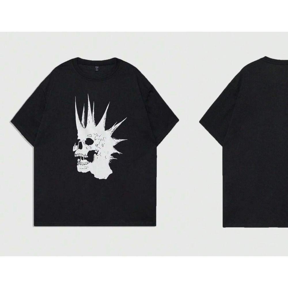 Romwe Punk Skull Black Tshirt Men's Large Grunge Y2K Mohawk Graphic Rock